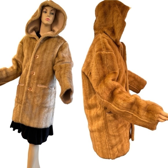 Vintage Y2K Jones New York Faux Fur Tan Hooded Coat - Picture 1 of 11